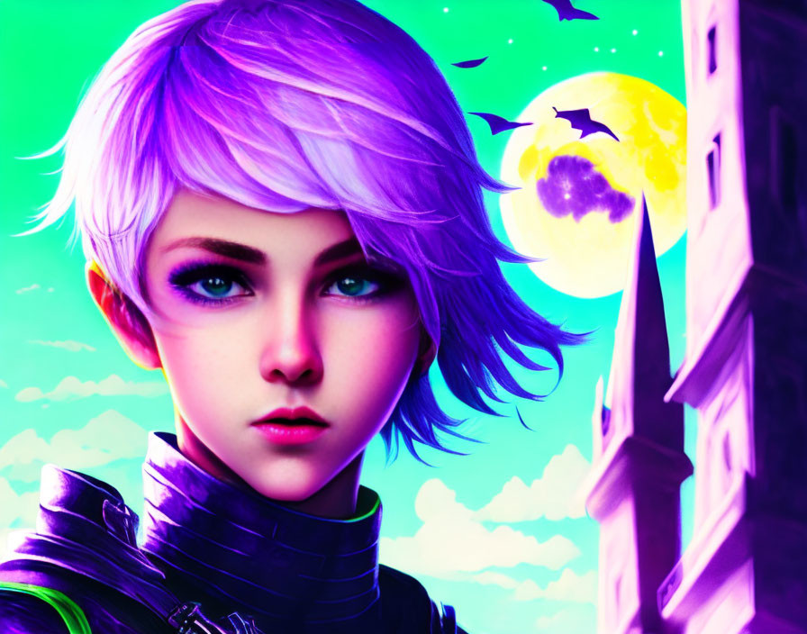 Digital Artwork: Female Character with Purple Hair and Expressive Eyes in Moonlit Gothic Setting