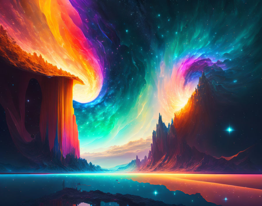 Colorful Digital Artwork of Otherworldly Landscape with Nebula, Cliffs, Waterfall,