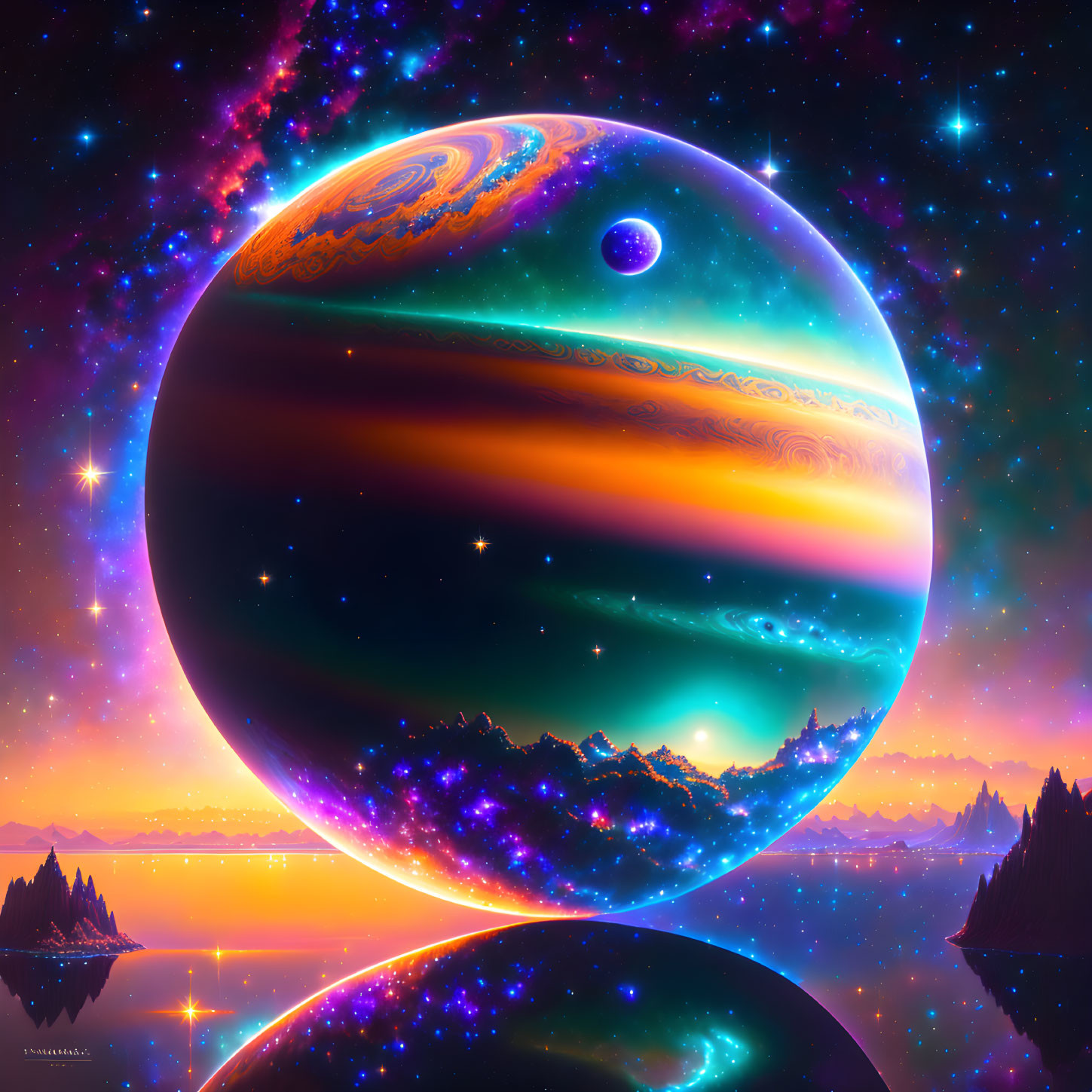 Colorful Digital Artwork: Giant Planet, Moon, Nebula, Reflective Surface