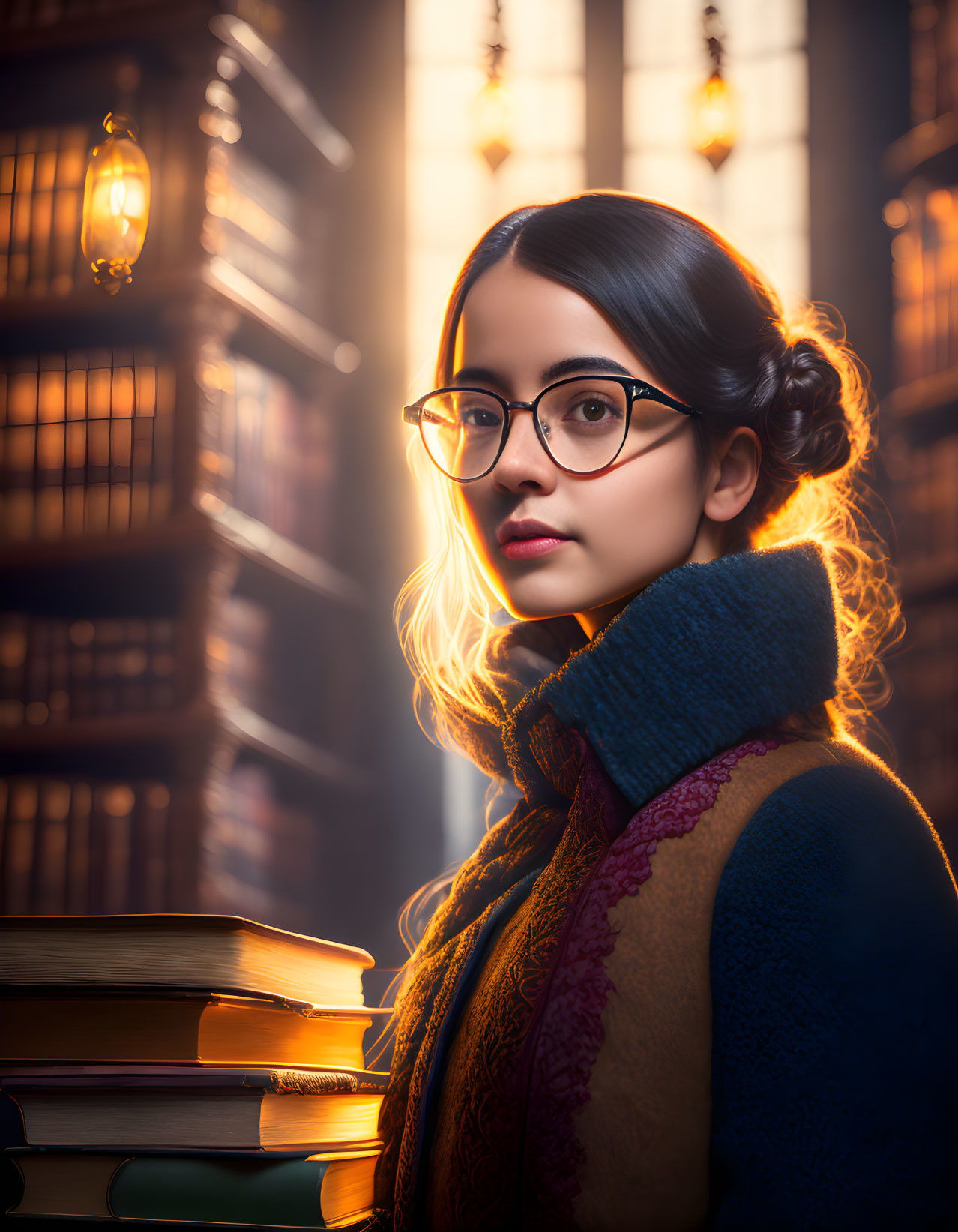 Woman in glasses with cozy scarf by pile of books in warm library light