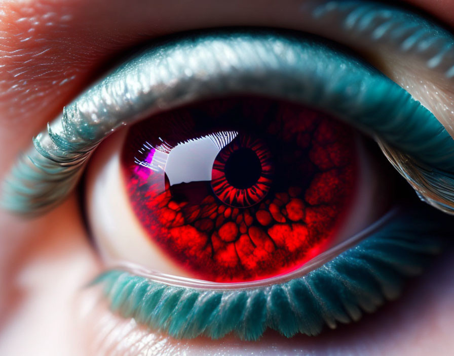 Detailed Close-Up of Human Eye with Vibrant Red Iris and Teal Makeup