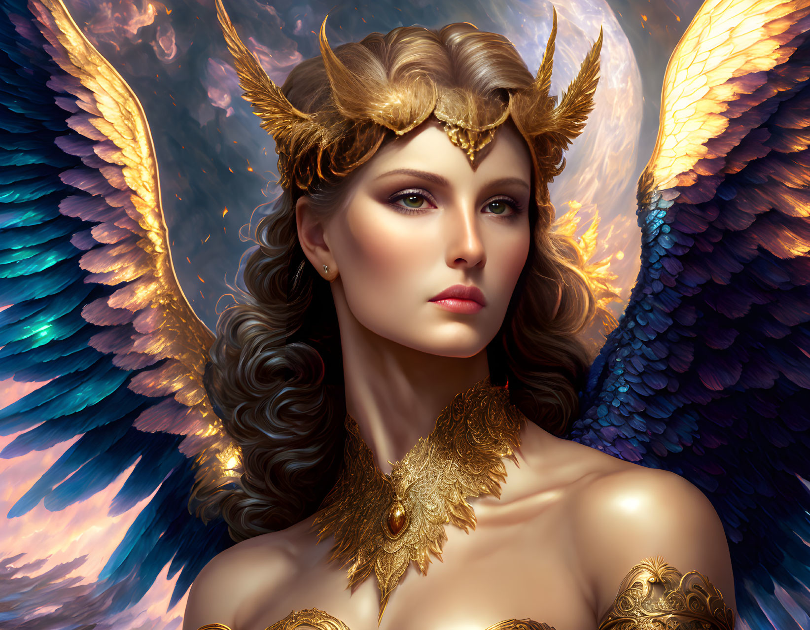 Mythical digital artwork: Woman with golden feathered wings and crown