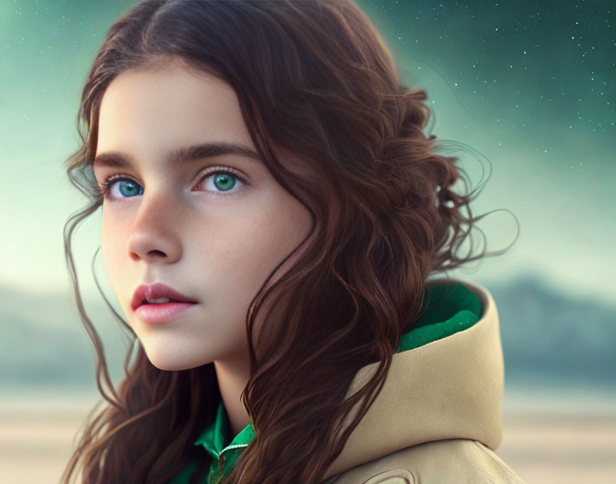 Portrait of a girl with green eyes and brown hair in green hoodie