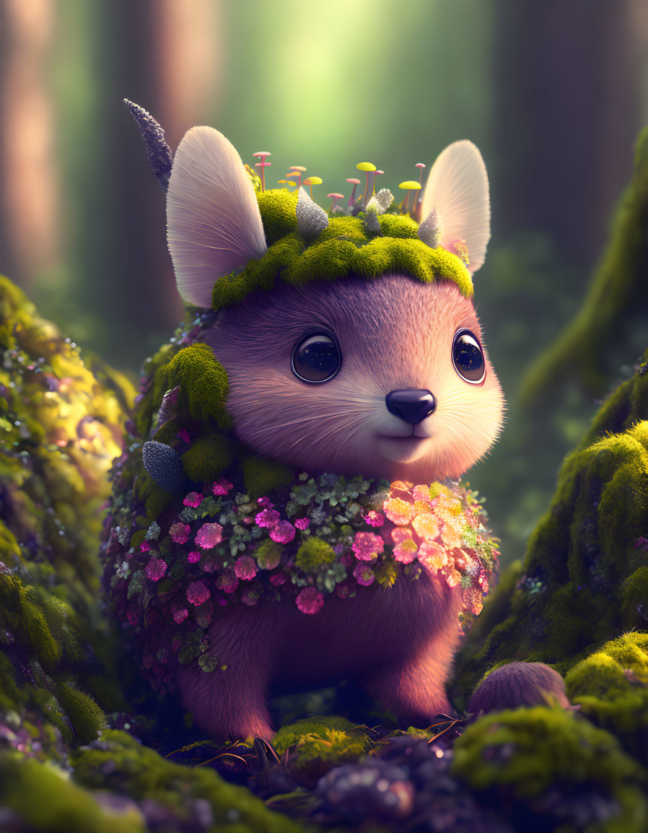 Anthropomorphic mouse creature with floral crown in mystical forest