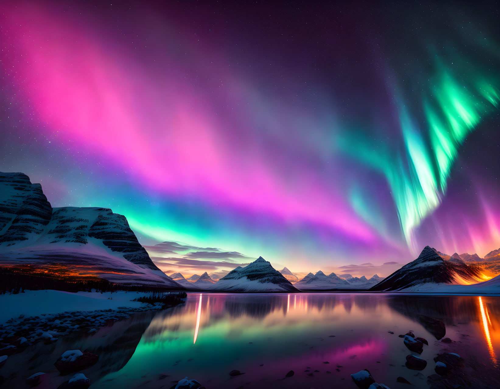 Colorful Aurora Borealis Over Snowy Mountains and Lake