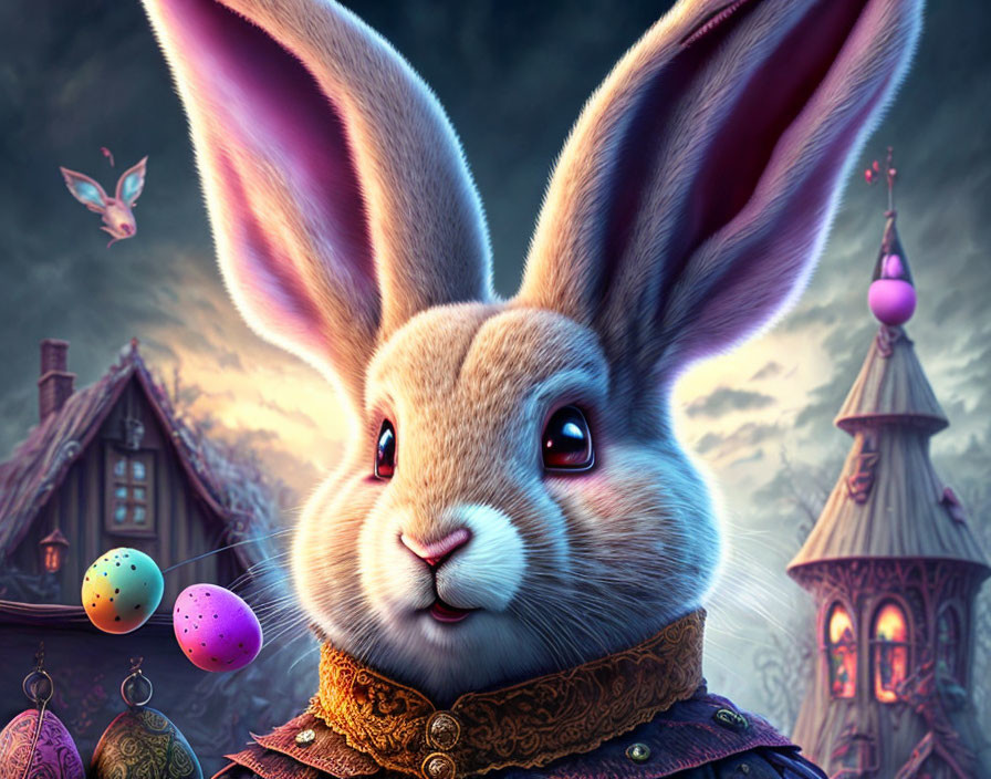 Anthropomorphic rabbit in festive outfit with Easter eggs and fairytale houses under twilight sky