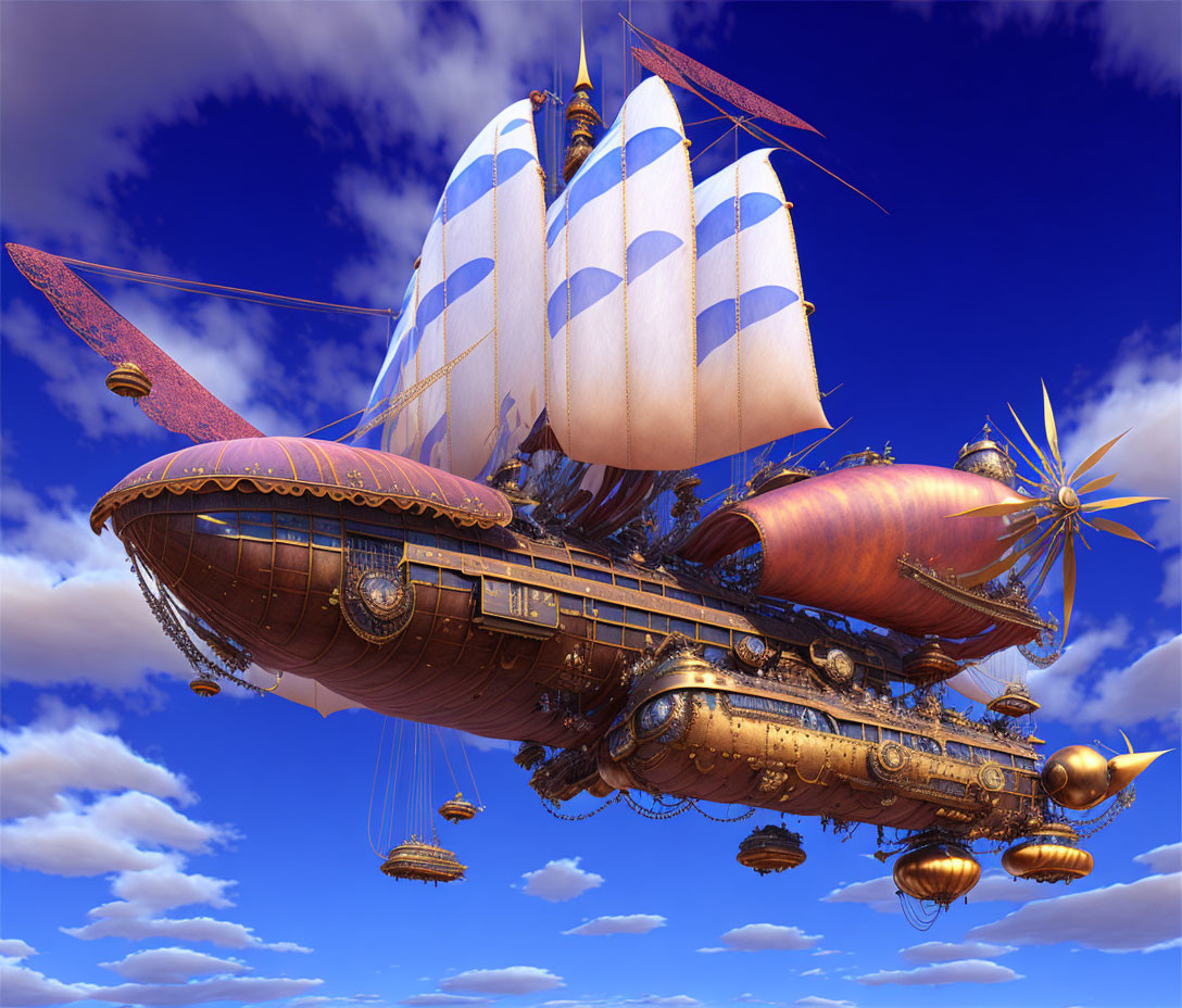 Steampunk airship with striped sails and golden accents in blue sky