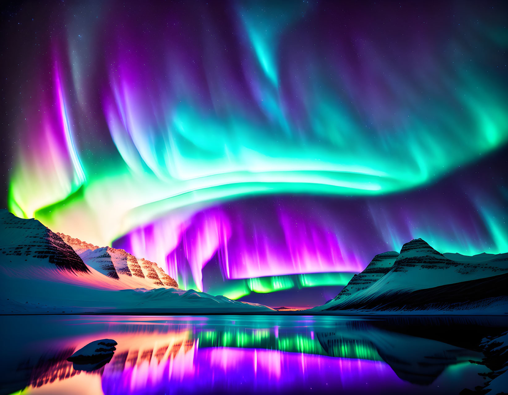 Northern Lights illuminate snow-covered mountains and tranquil waters in purple and green hues