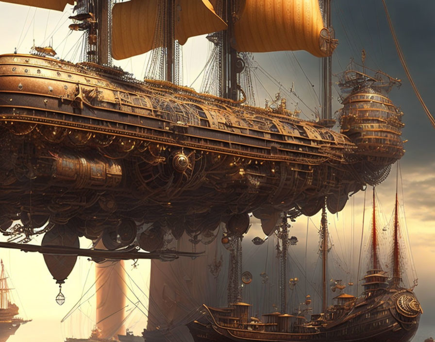 Intricate steampunk airship with metalwork and sails against sunset sky