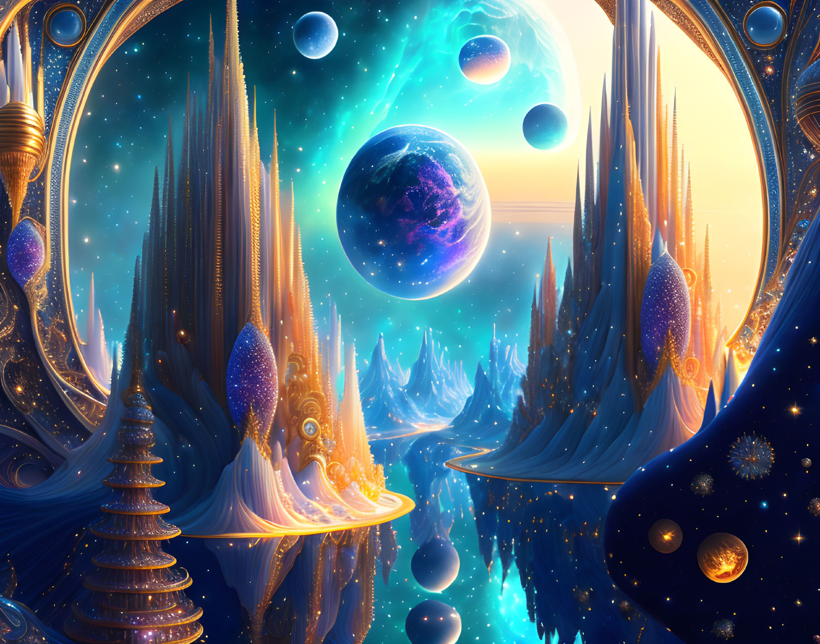 Futuristic cityscape with floating orbs and large planet in starry cosmos