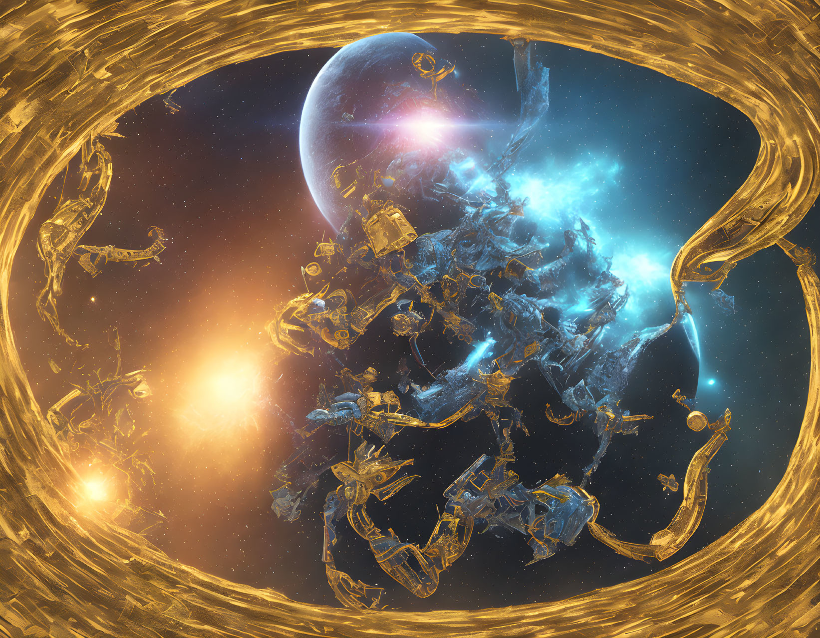 Surreal cosmic scene with golden vortex, metallic structures, nebulae, and celestial body.