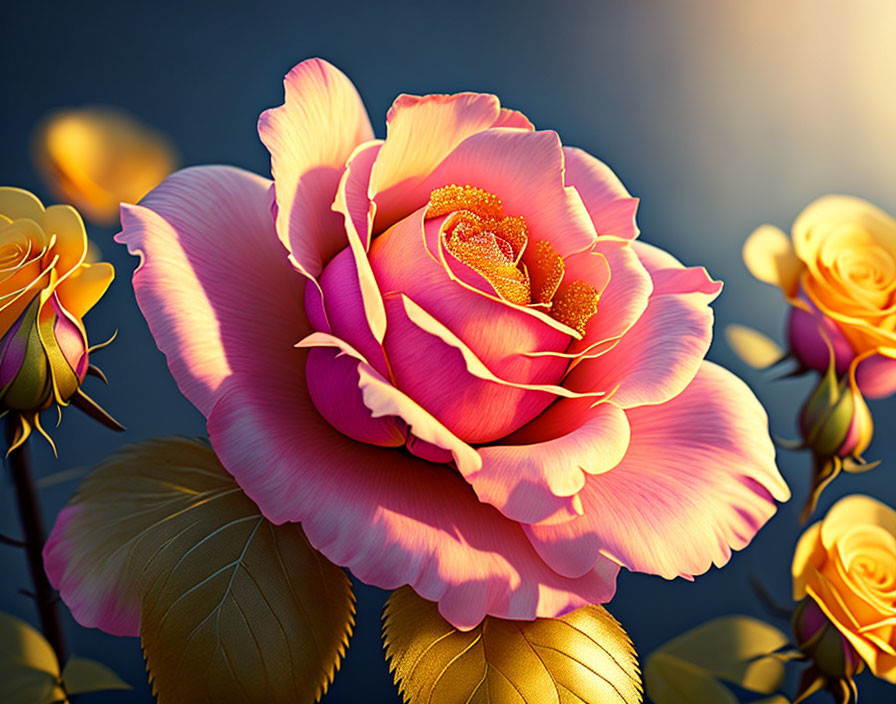 Close-up of vibrant pink and yellow rose with dew drops in soft sunlight