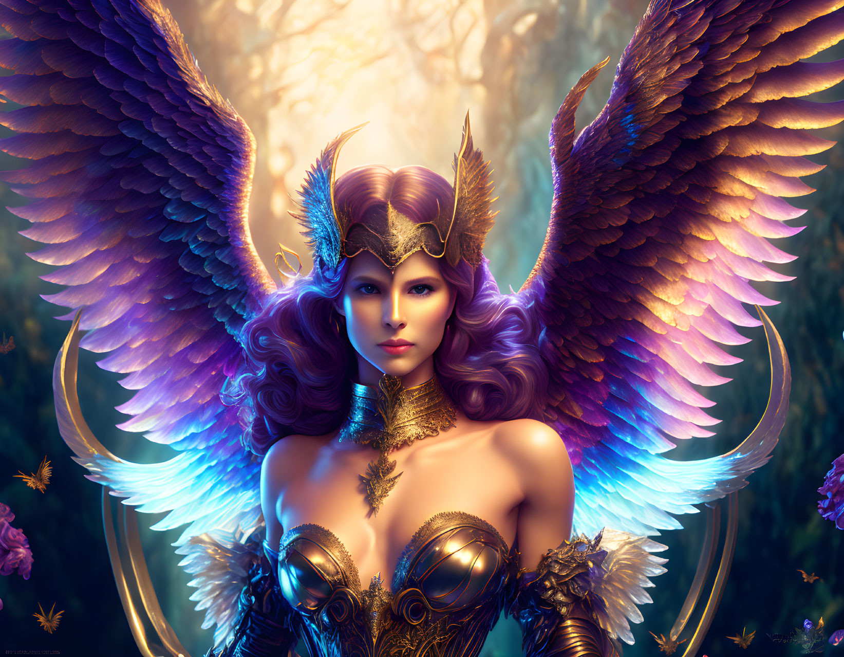 Ethereal female figure with wings and golden armor in mystical forest