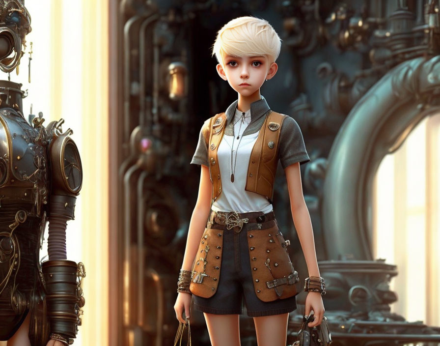 Young person with blonde hair in steampunk setting