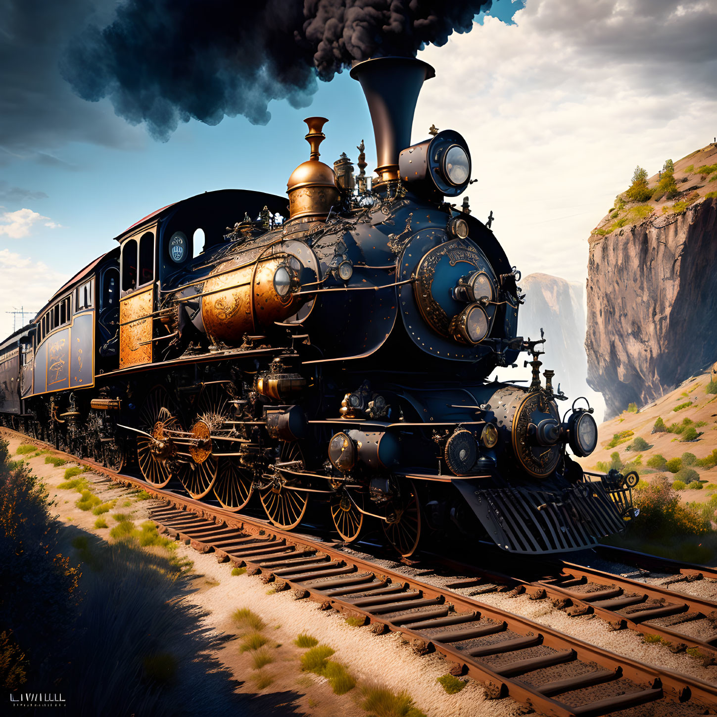 Vintage steam locomotive chugging along canyon track under clear blue sky