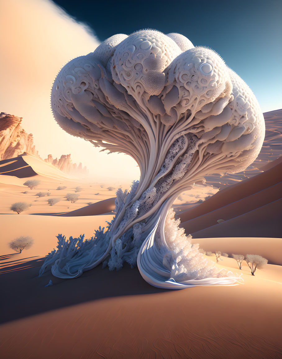 Surreal fractal tree with mushroom-like canopy in desert landscape