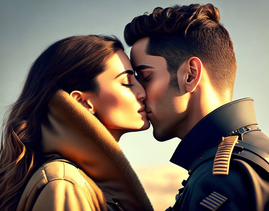 Military man and woman kissing at sunset in digital art