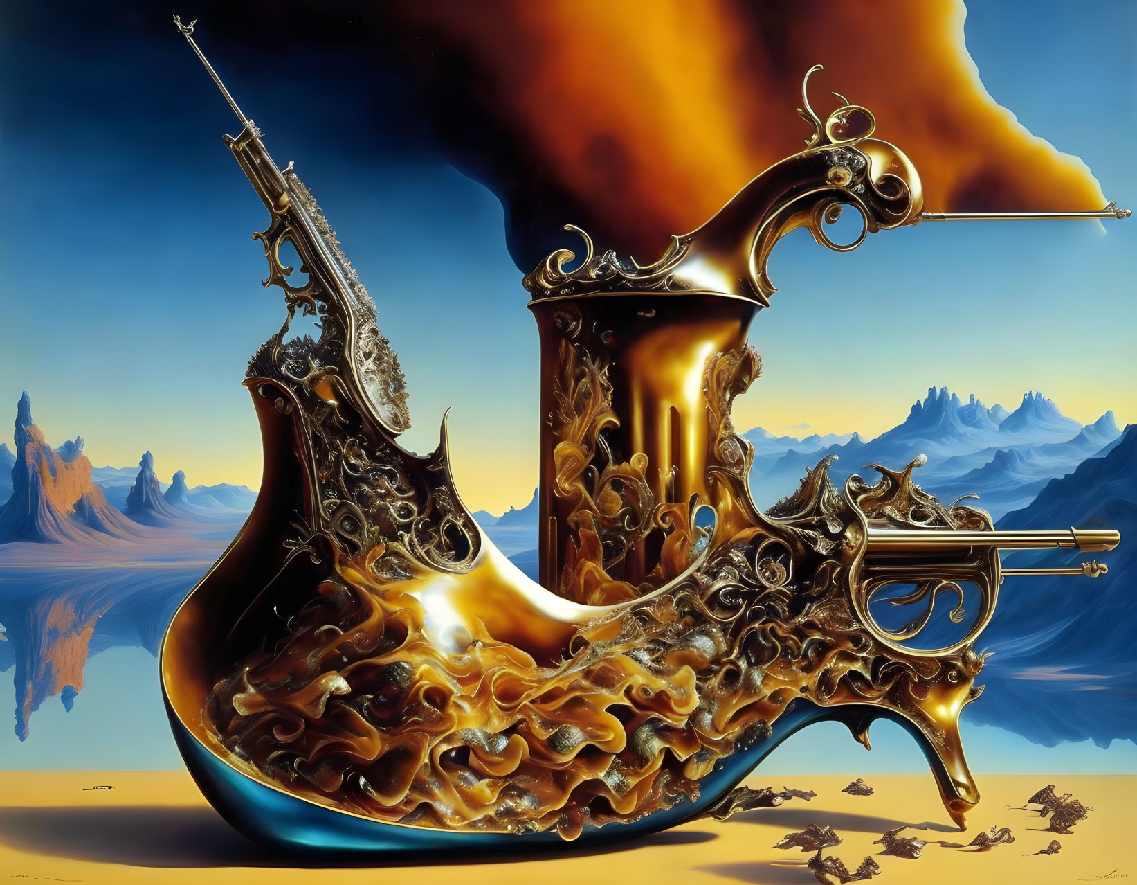 Surreal painting of melting golden trumpet in desert landscape