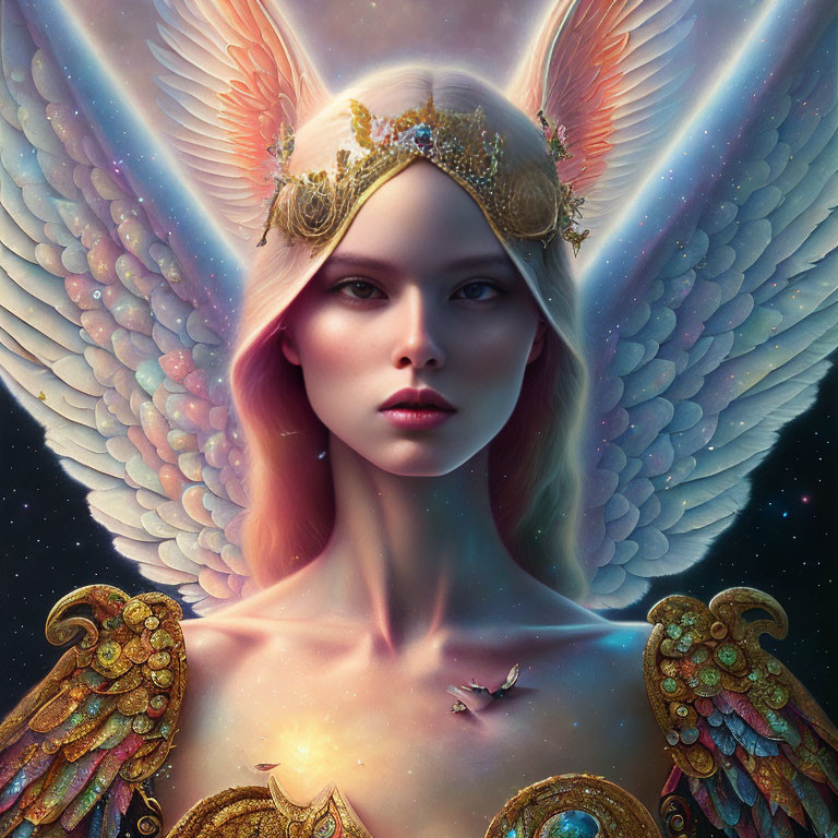 White Feathered Winged Celestial Being with Golden Crown in Cosmic Setting