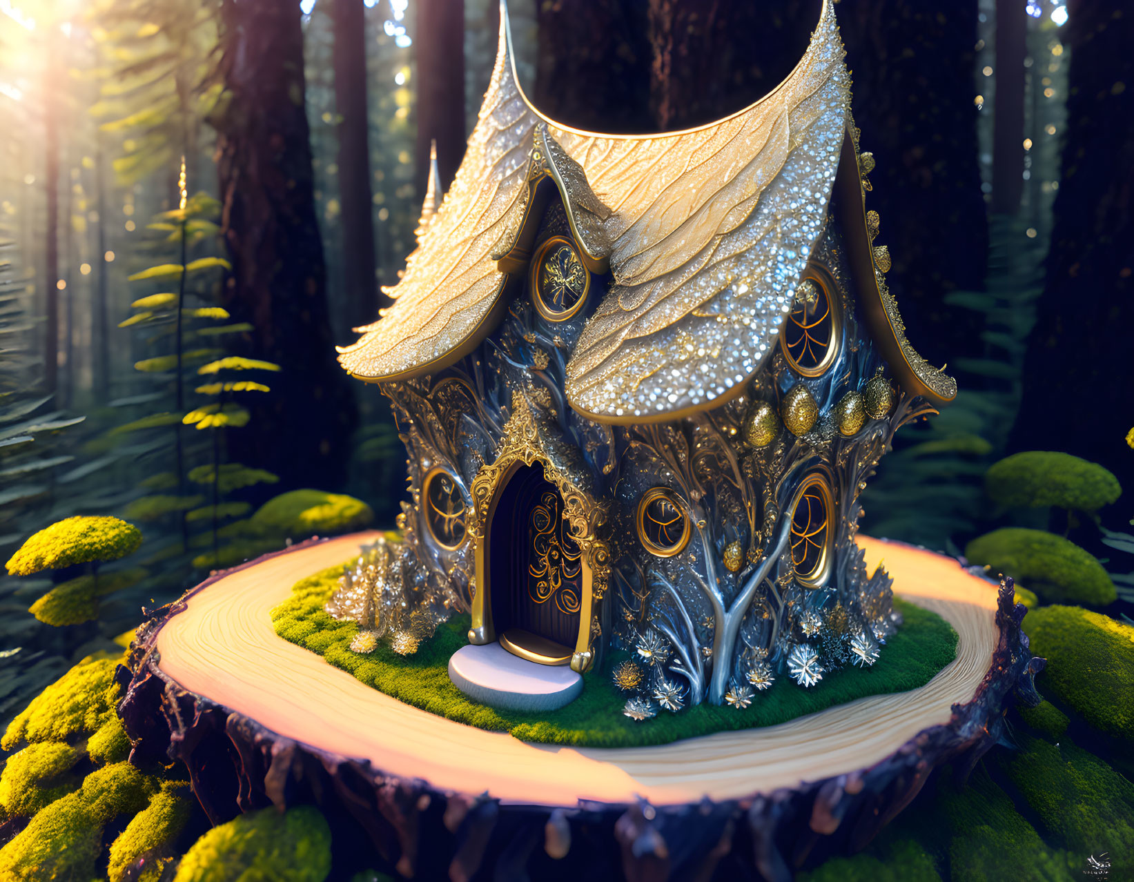 Whimsical fairy-tale house on tree stump in enchanted forest