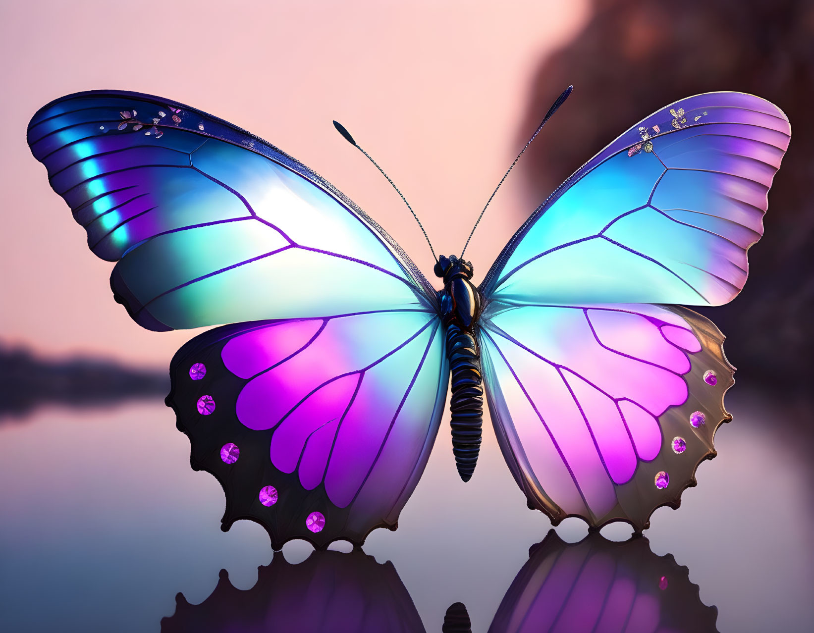 Colorful Butterfly with Jeweled Wings on Reflective Surface in Warm Setting