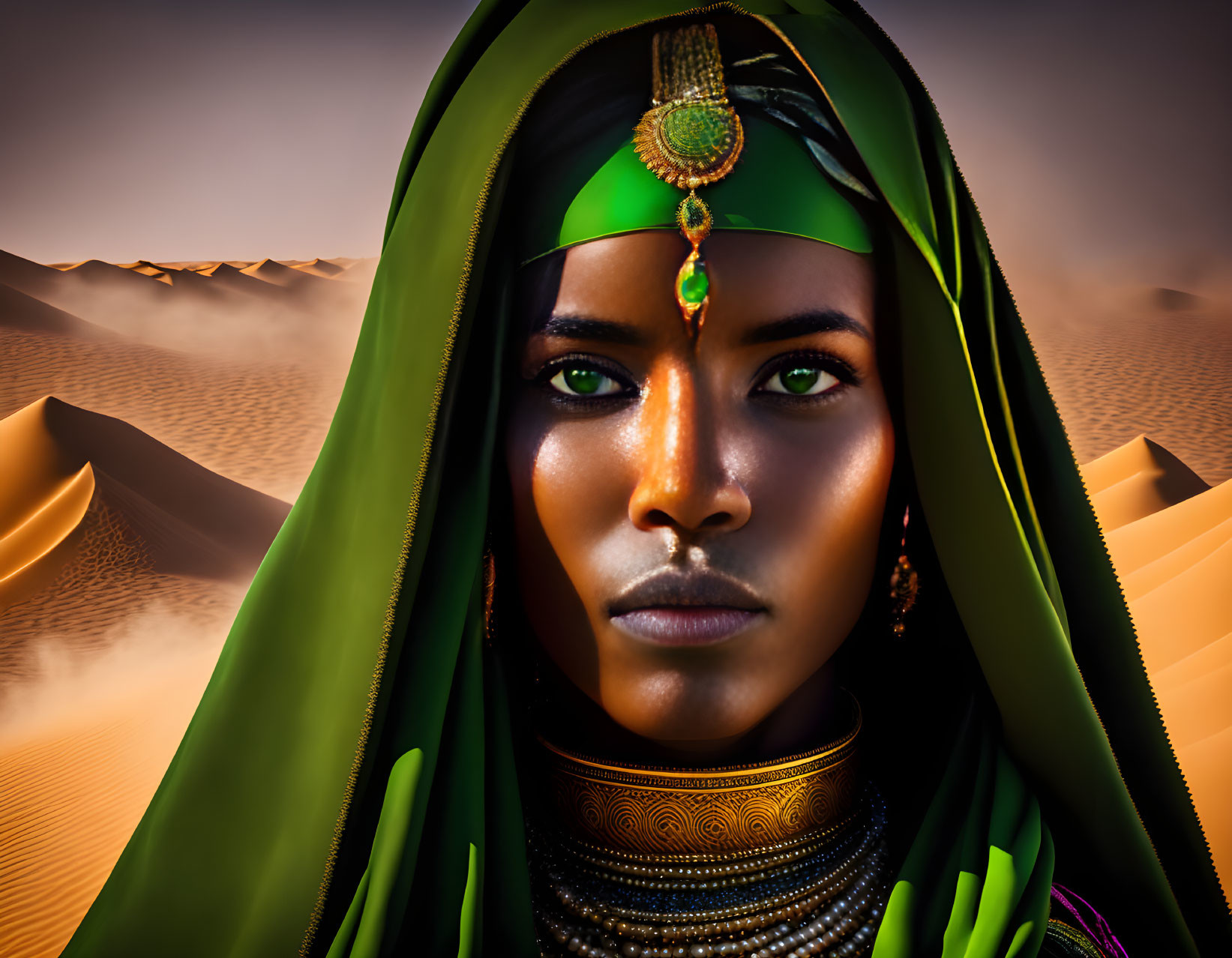 Digital artwork: Woman with strong features in green headscarf and jewelry against desert dune.