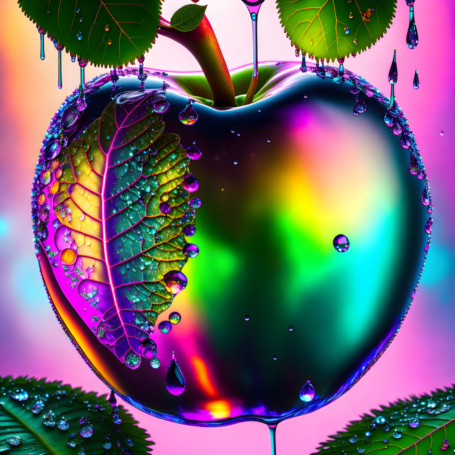 Colorful Glossy Apple with Water Droplets and Leaves on Gradient Background