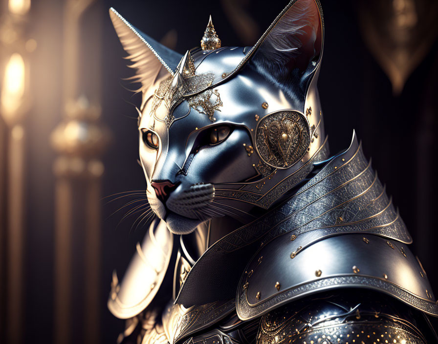 Regal cat in medieval armor and crown on blurred royal background