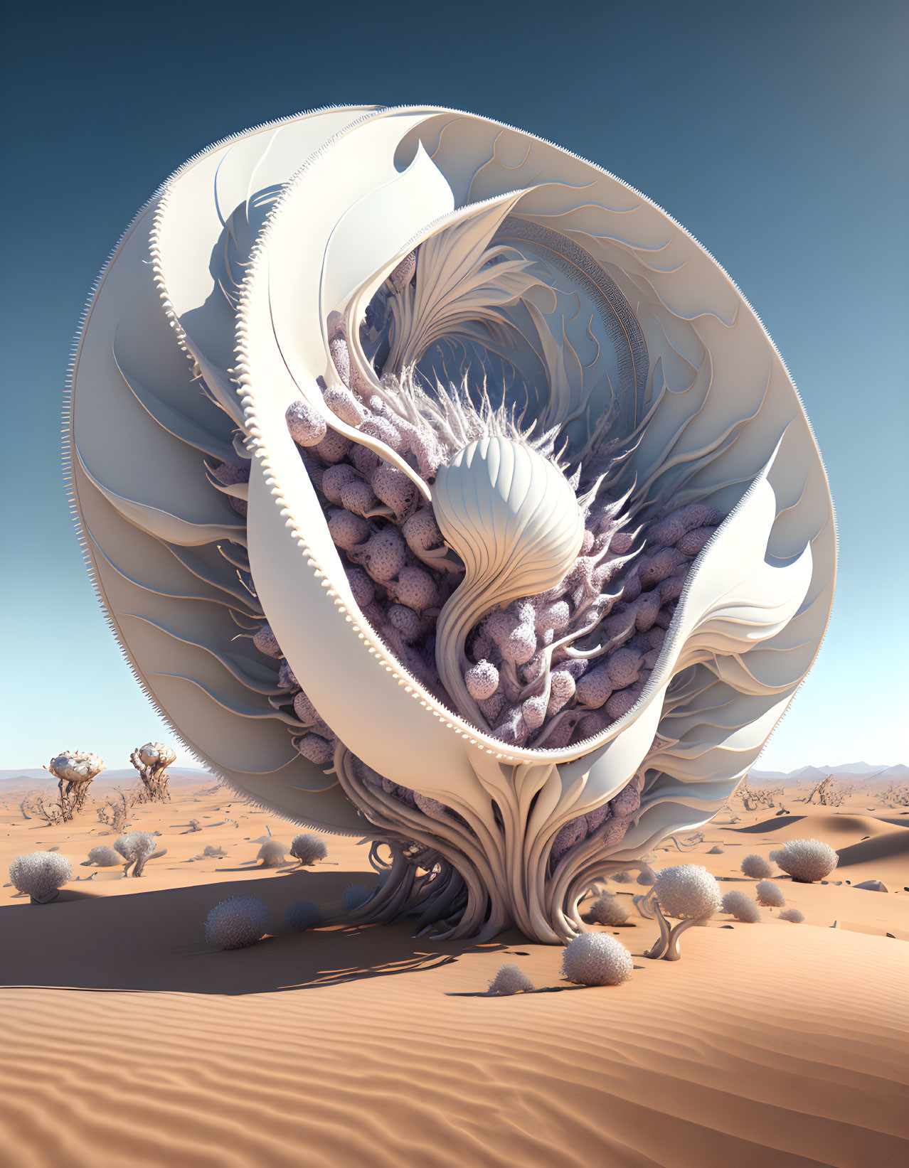 Surreal fractal seashell structure in desert sands with swirling layers and sparse vegetation