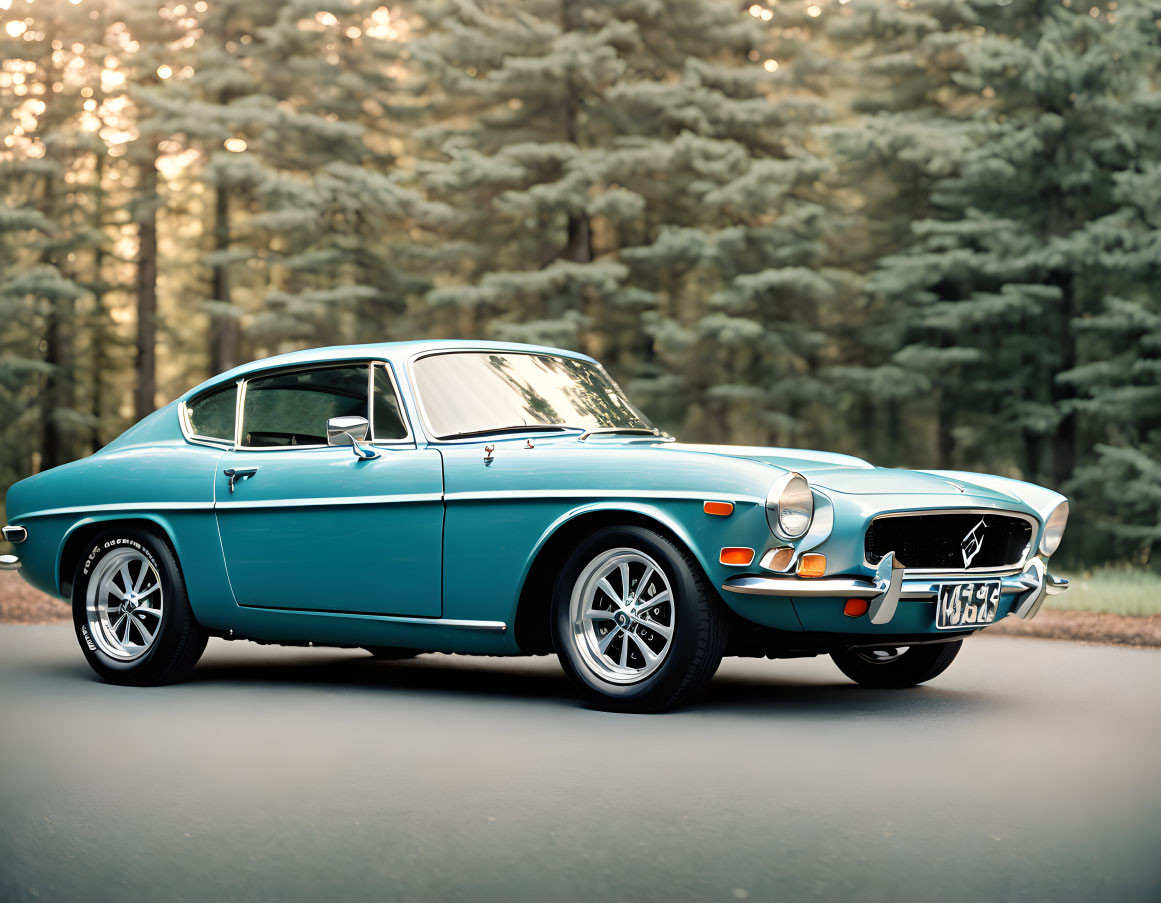 Vintage Blue Volvo P1800 Sports Coupe in Forest Setting