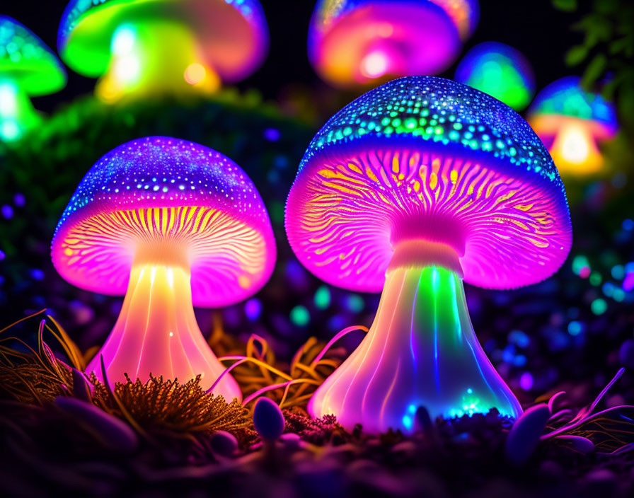 Colorful artificial mushrooms glowing in neon blues, pinks, and purples