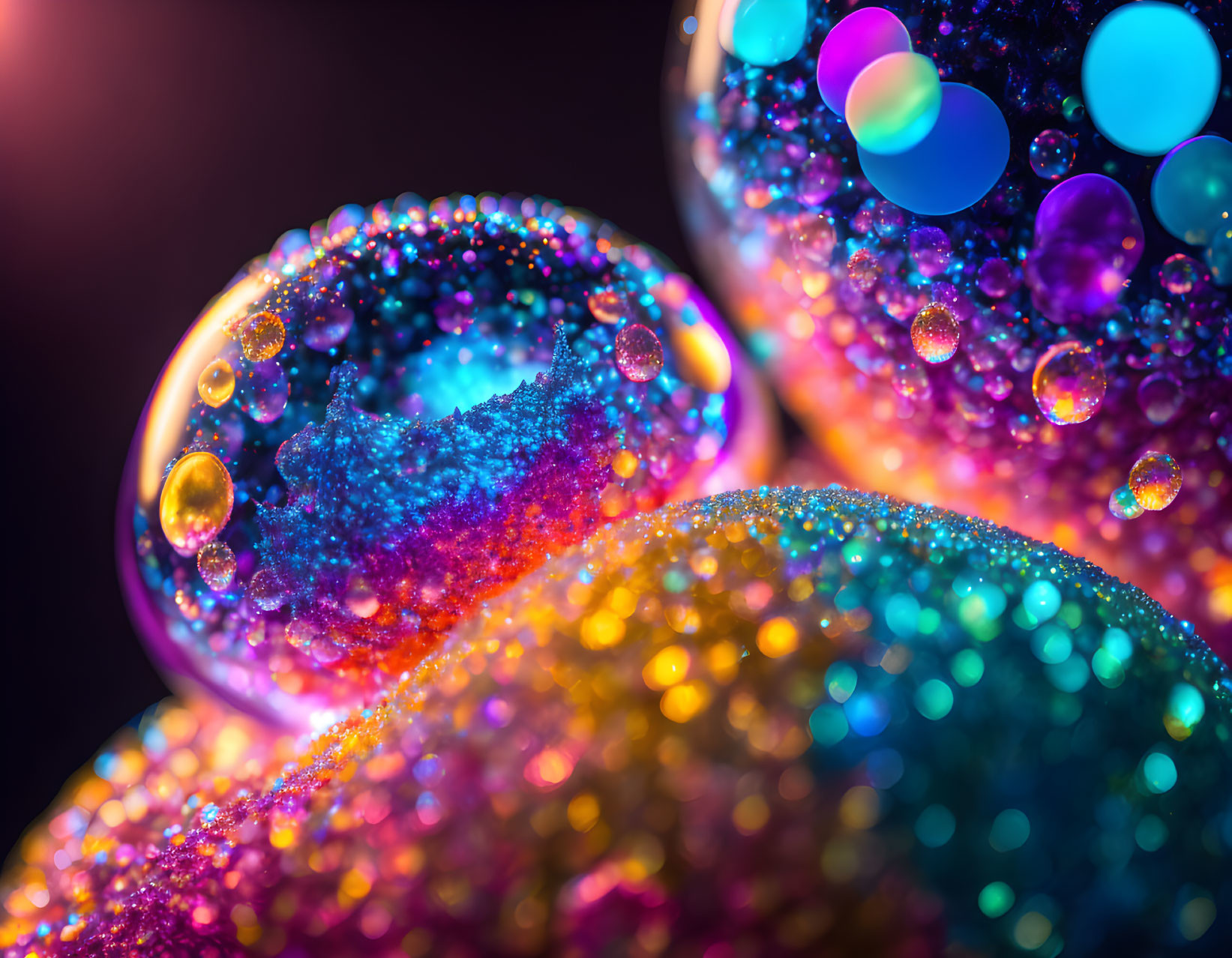 Iridescent bubbles and sparkling water beads in vibrant colors