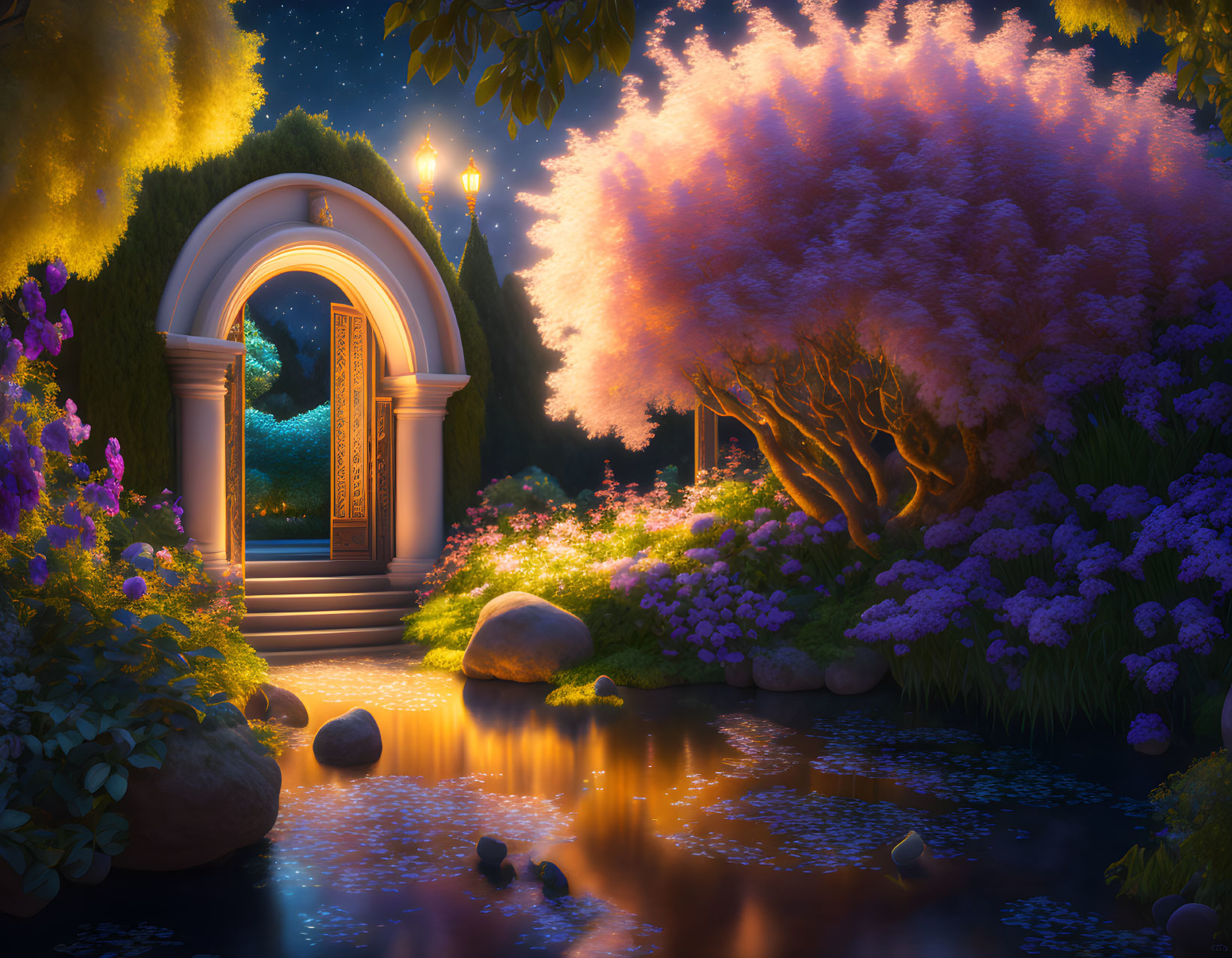 Enchanted twilight garden with illuminated arch, vibrant flowers, tranquil pond, and glowing lights