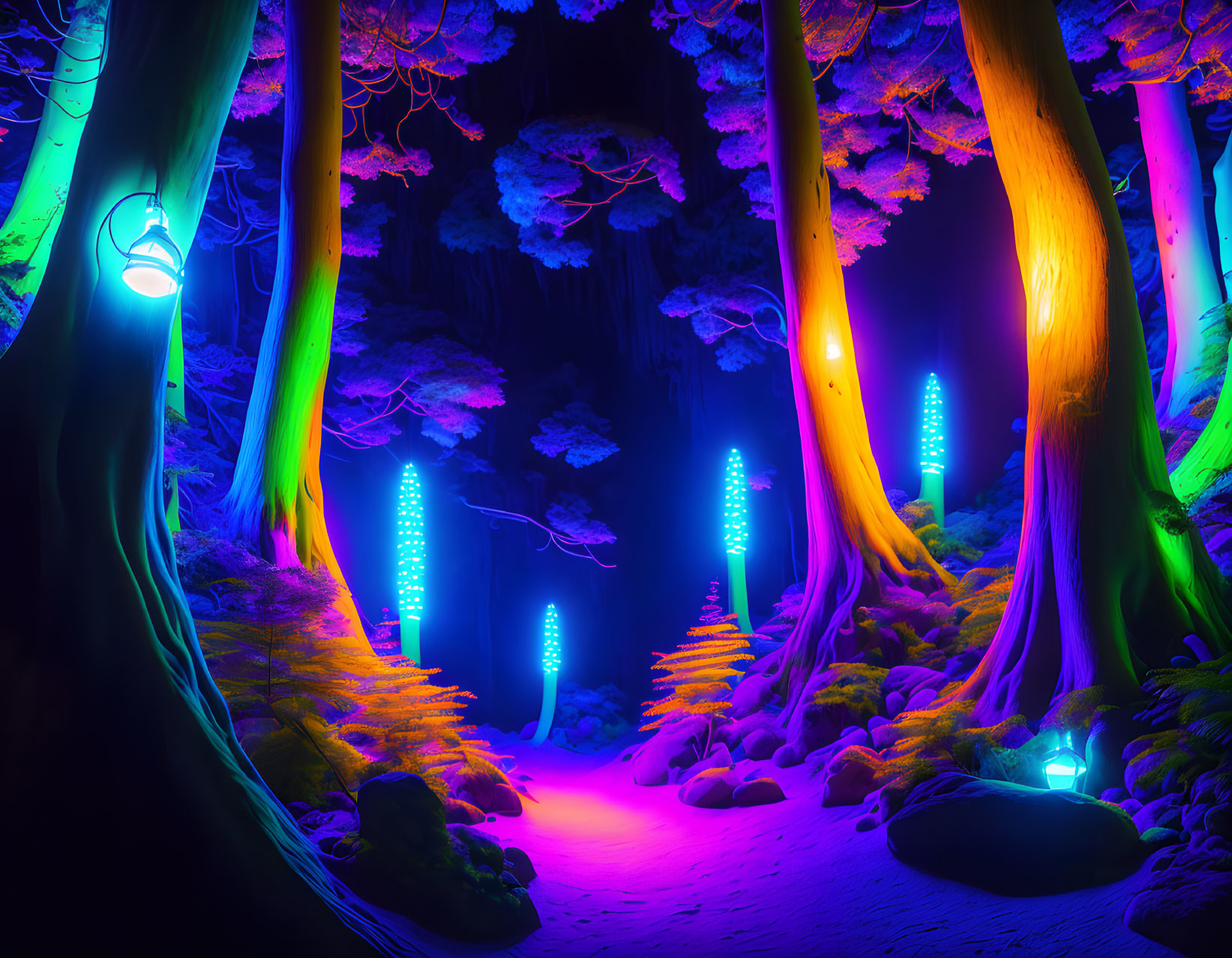 Luminous forest with neon lights and glowing trees