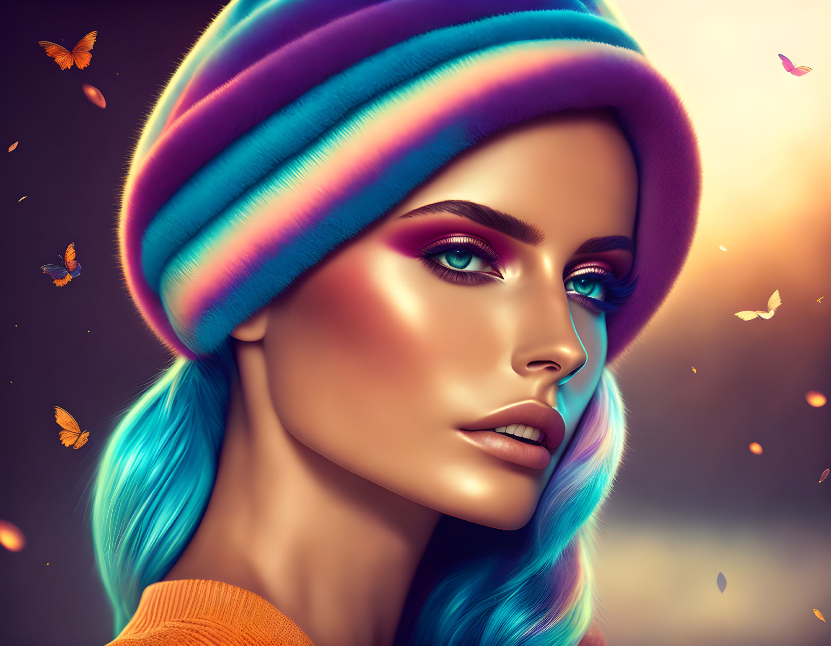 Colorful Beanie Woman with Blue Eyes and Butterflies on Golden Background