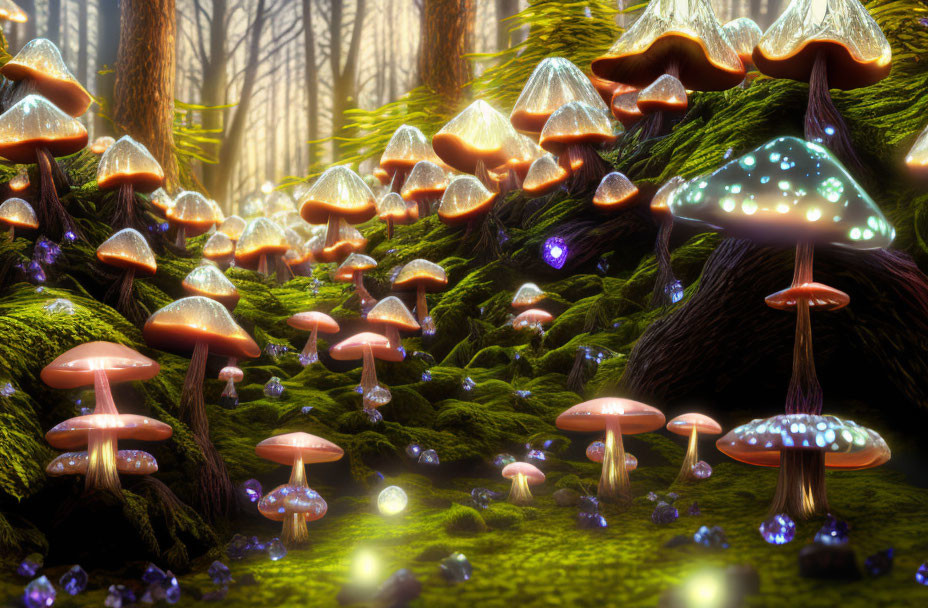 Enchanted forest glade with glowing mushrooms and magical orbs