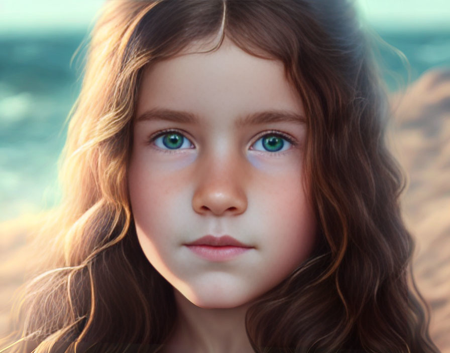 Young girl with wavy brown hair and blue eyes in digital portrait