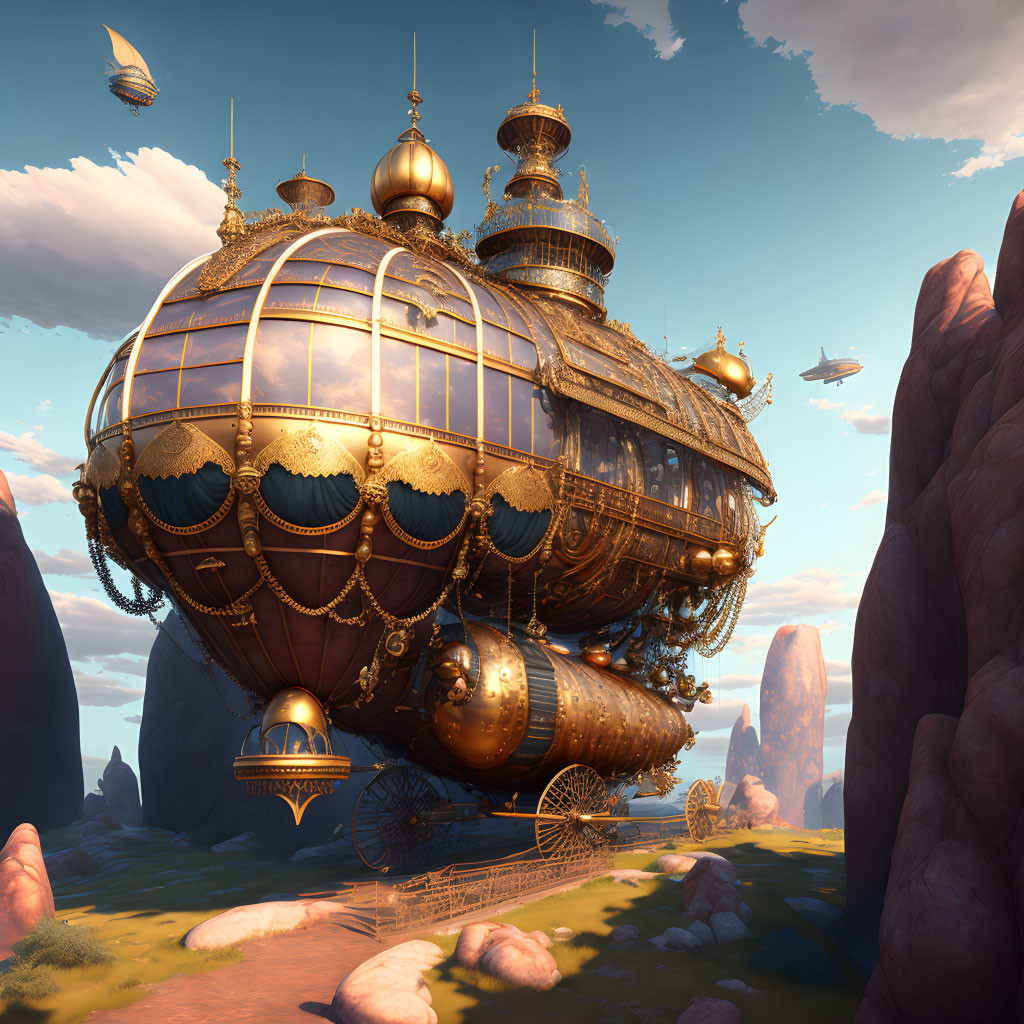 Steampunk airship with golden domes in fantasy sky