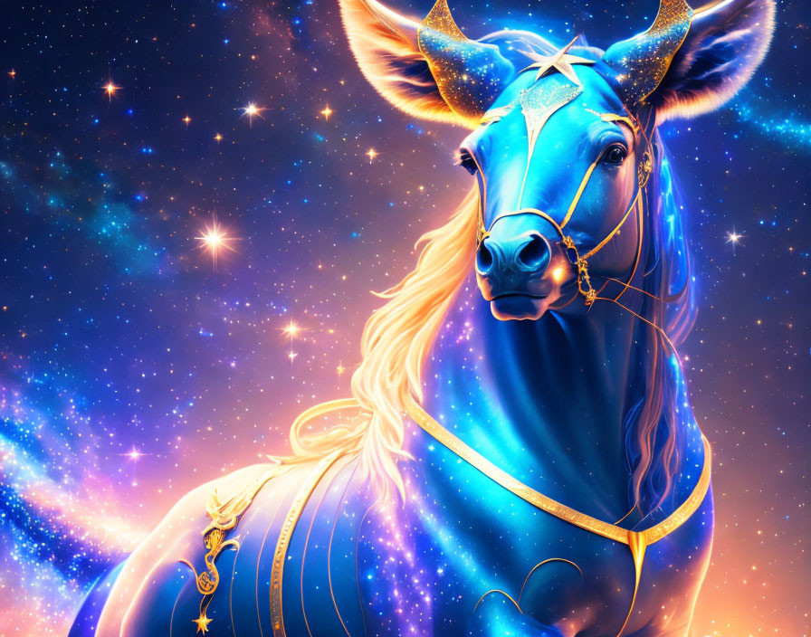 Vibrant digital artwork: Blue mystical bull with golden ornaments on starry background