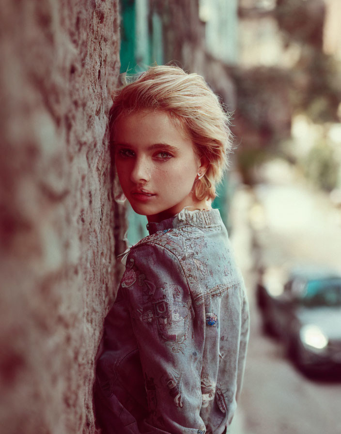 Blond person in denim jacket leaning on textured wall.