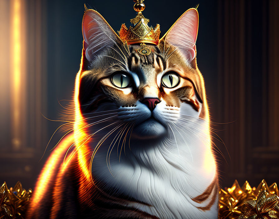 Regal cat with crown in warm light against ornate backdrop