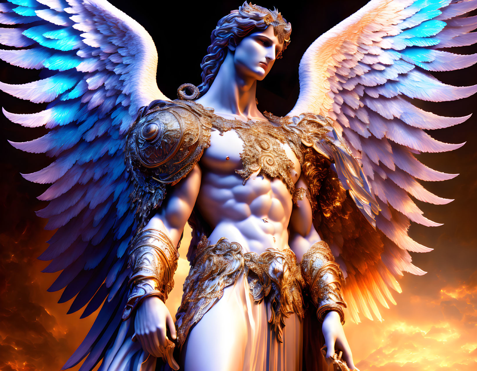 Majestic angel in golden armor with large white wings