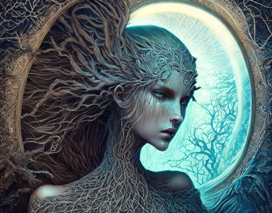 Fantasy artwork: Female figure with tree-like features against glowing backdrop