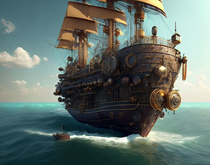 Steampunk-style ship with metalwork sails next to small boat on calm sea