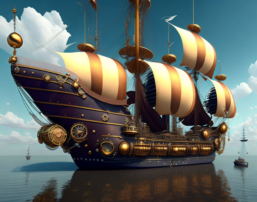 Steampunk-style ship with golden and navy blue hues on calm seas