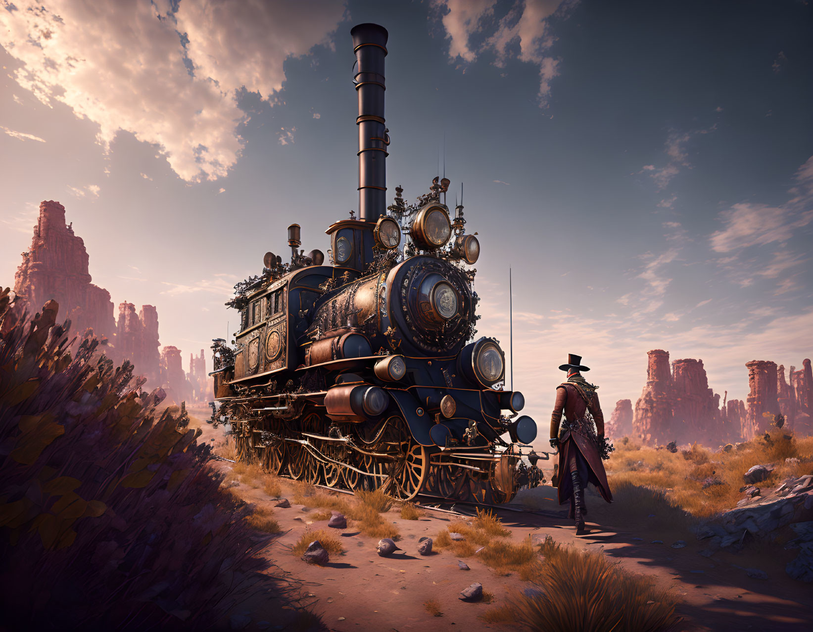 Cowboy figure in desert with vintage steam locomotive and rock formations