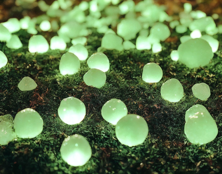 Green illuminated orbs on mossy surface evoke mystical forest ambiance