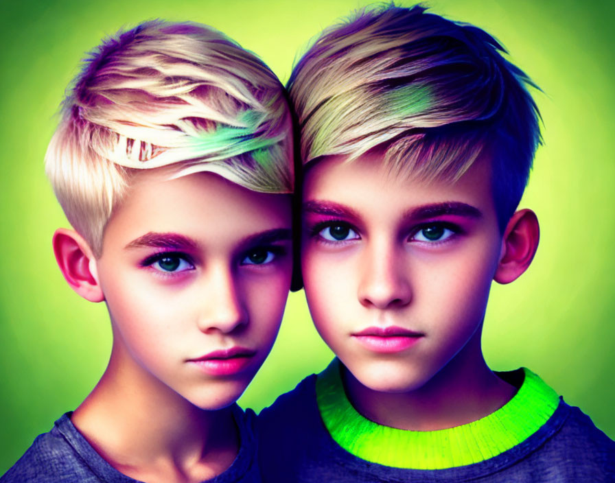 Stylish Haircut Boys with Green Hair on Green Background