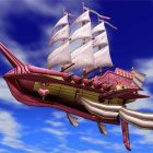 Steampunk airship with striped sails and golden accents in blue sky