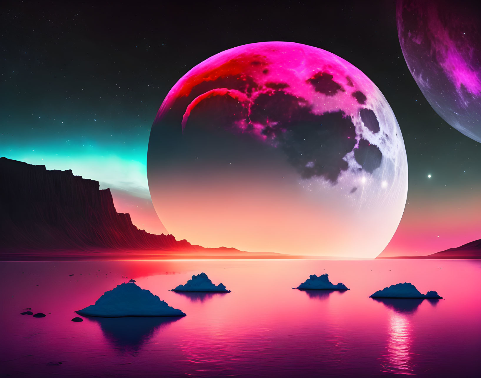 Colorful sci-fi landscape with neon sky, celestial bodies, and pink lake.